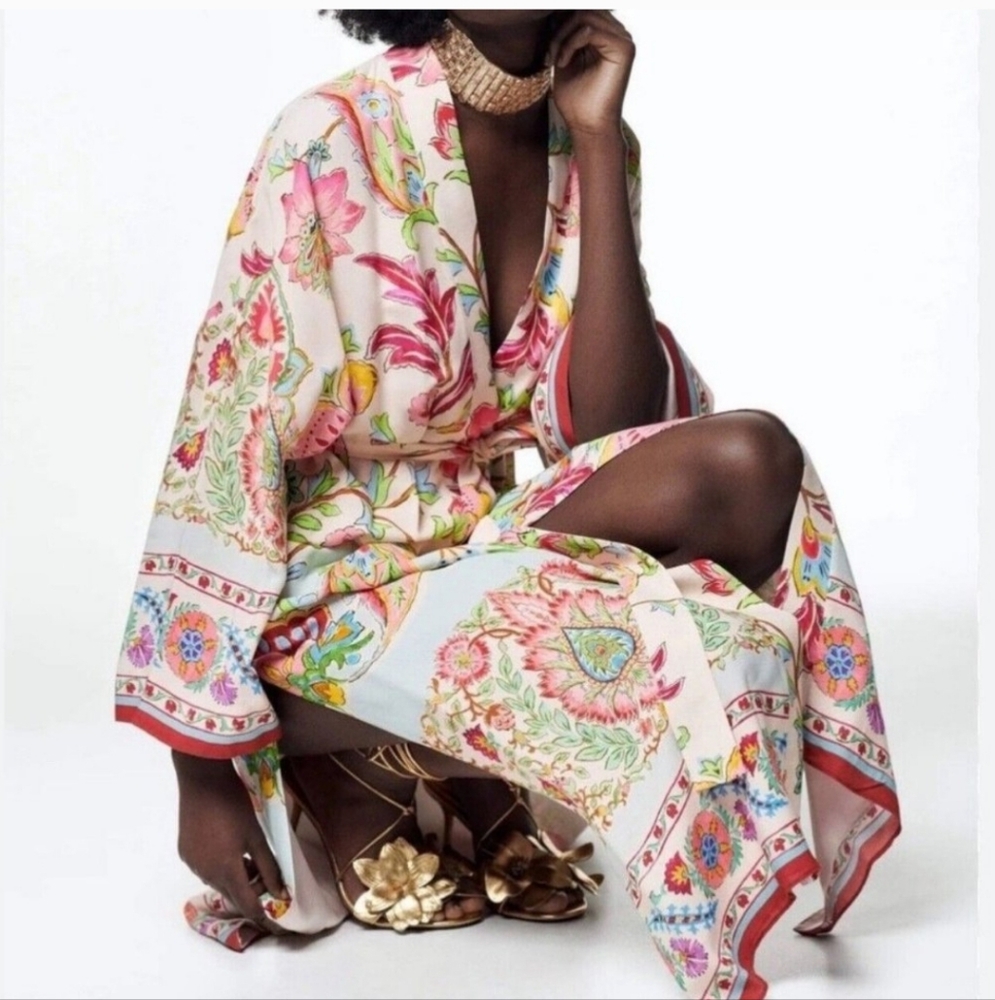ZARA WRAP BELTED PRINTED KIMONO DRESS ROBE MULTICOLORED SMALL